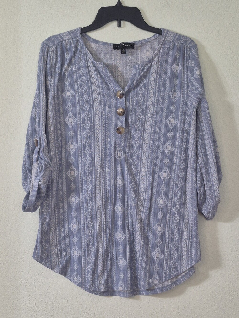 Fred David Light Blue and White Patterned Button-Front Tunic